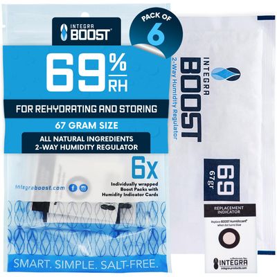 Integra Boost - 69% RH Level - 67 Gram Size - Two-Way Humidity Control Pack - Incl. Replacement Indicator Cards - Food Storage & Herbs Moisture Balancer for Up to 1 LB (Pack of 6)