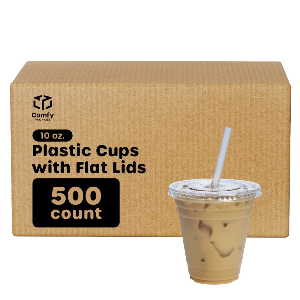 Comfy Package [Case of 500 10 oz. Clear Plastic Cups With Lids, Disposable Coffee Cups with Flat Lids - Ideal for Cold Beverages, Smoothies, and To-Go Drinks