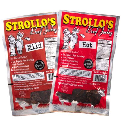 Strollo's Beef Jerky Snack Packs - Mild and Hot 2 Pack - Low Sodium, Low Sugar, Low Carb - Made with All Natural USA Beef, USDA Certified- 1 of Each Flavor