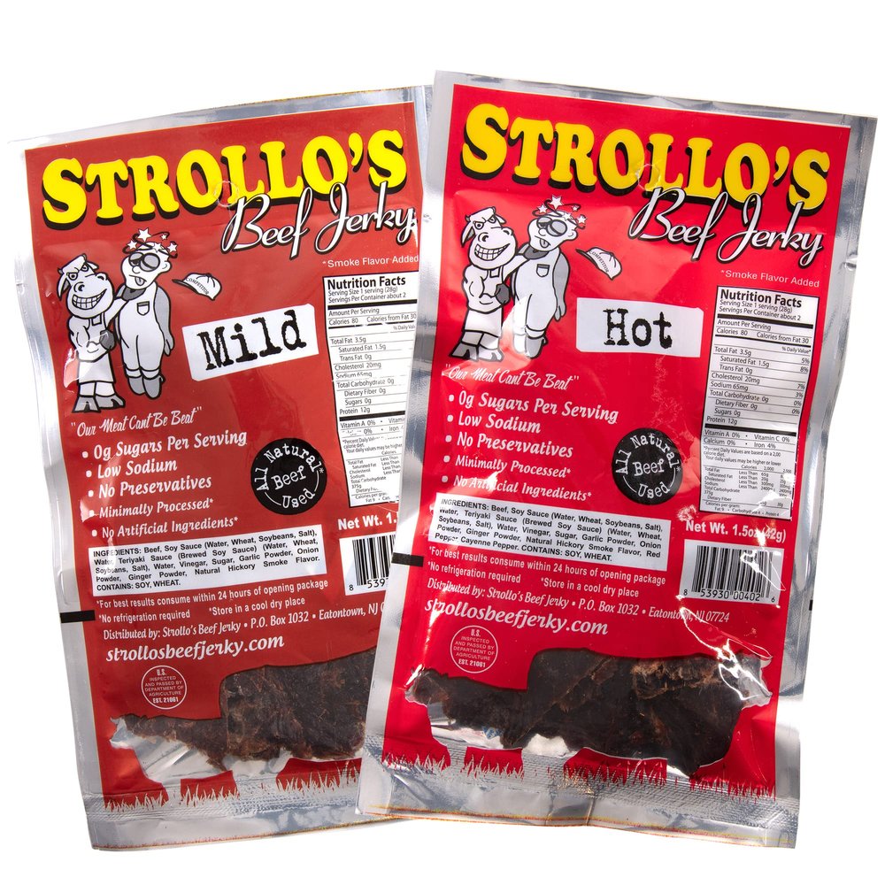 Strollo's Beef Jerky Snack Packs - Mild and Hot 2 Pack - Low Sodium, Low Sugar, Low Carb - Made with All Natural USA Beef, USDA Certified- 1 of Each Flavor