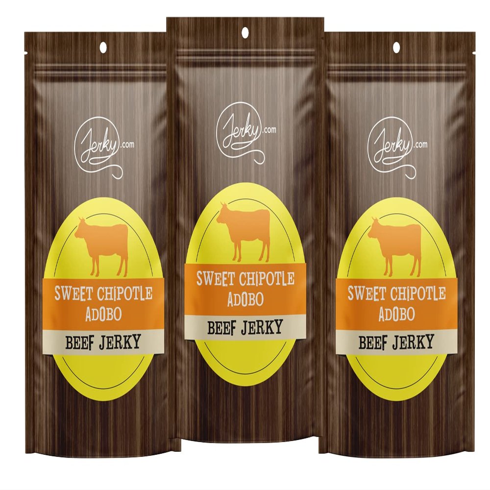 Jerky.com All Natural Sweet Chipotle Adobo Beef Jerky - No Added Preservatives, No MSG or Nitrates - Smoky, Sweet, & Zesty Adobo Flavor, 100% Lean Beef (2.5 Ounce, Pack of 3)