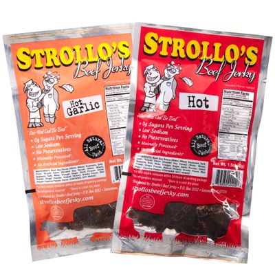 Strollo's Beef Jerky Snack Packs - Hot and Hot Garlic 2 1.5oz Packs - Low Sodium, Low Sugar, Low Carb - Made with All Natural USA Beef, USDA Certified- 1 of Each Flavor