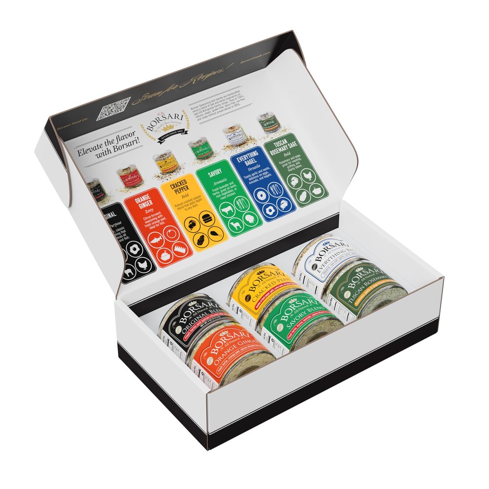 Borsari Seasoned Salt Gift Set - Original, Savory, Cracked Pepper, Tuscan Rosemary Sage, Orange Ginger, Everything Bagel - Gourmet Sea Salt Blends - Set of 6, 3-4oz Shaker Bottles