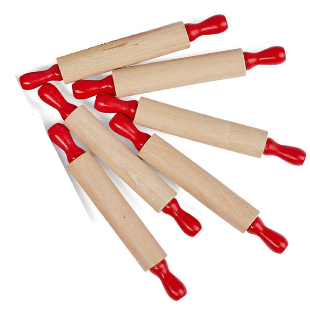Group of 6 Red Handled Wood Craft Rolling Pins for Parties, Favors, and Embellishing
