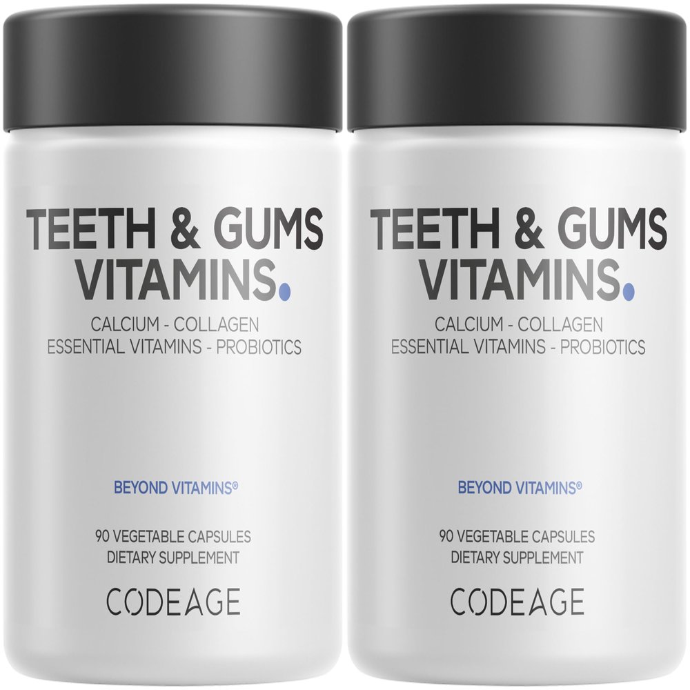 Codeage Teeth & Gums Vitamins + Oral Probiotics Supplement for Mouth - Whole Food Calcium, Collagen, Potassium, Vitamin C, D3, K2, Zinc  Oral Care & Dental Multivitamin Supplements - 2 Pack