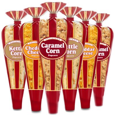Popcornopolis Gourmet Popcorn Premium Pack of 6 Popcorn Mini Cones & Exclusive Inspirational Sticker! Small Storage Space Friendly & Great Stocking Stuffers! 8oz total and, 8 ounces