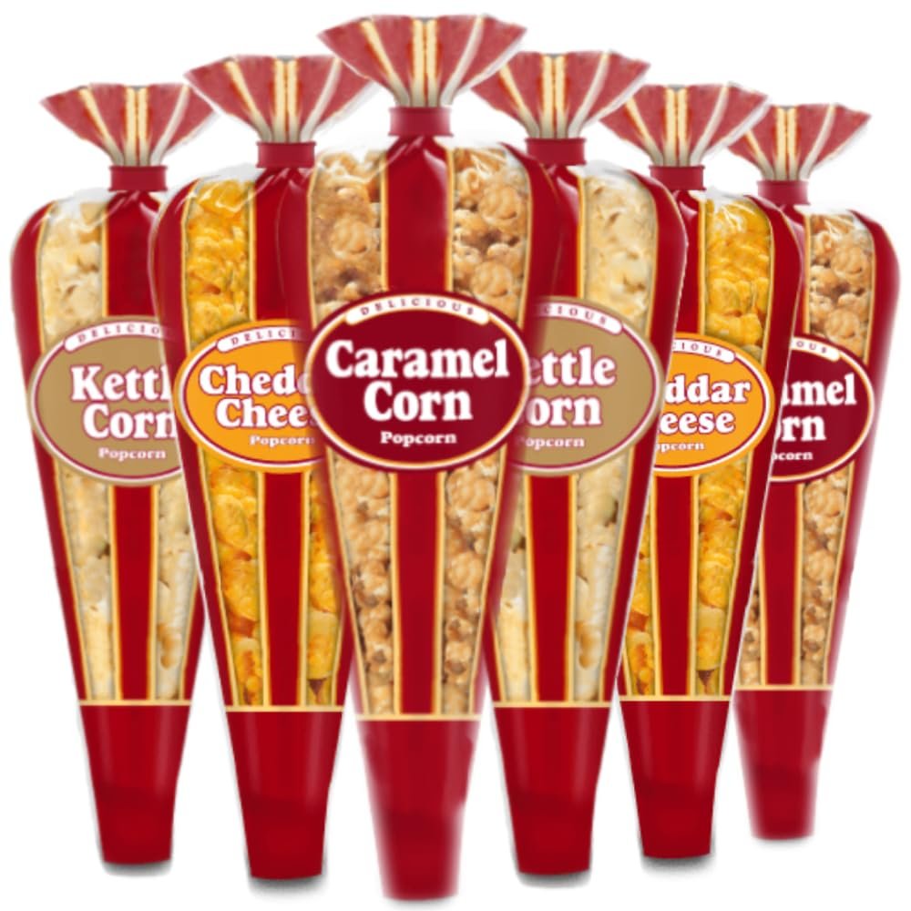 Popcornopolis Gourmet Popcorn  Premium Pack of 6 Popcorn Mini Cones & Exclusive Inspirational Sticker! Small Storage Space Friendly & Great Stocking Stuffers! 8oz total and, 8 ounces