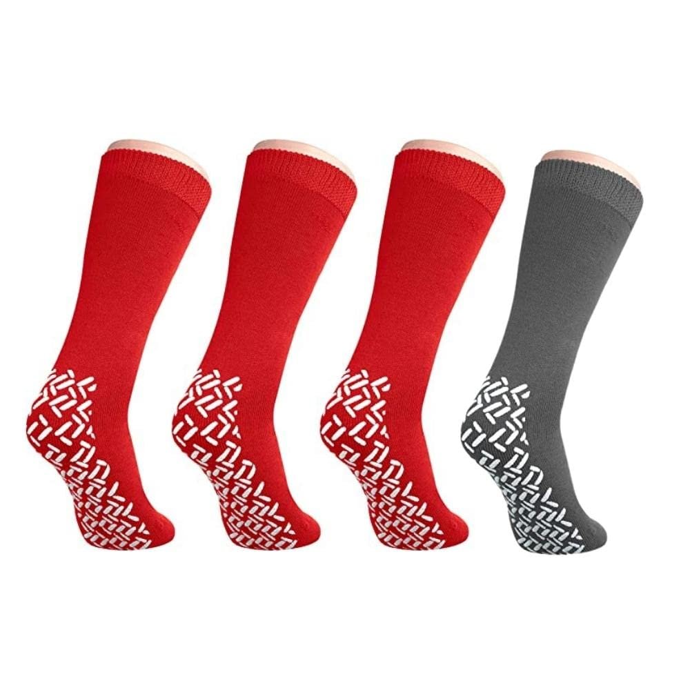 Nobles XXXL Extra Wide Bariatric Non Skid Slipper Socks for Swollen Feet and Edema -XXXL Extra Wide (4 Pairs 3 Red 1 Gray)