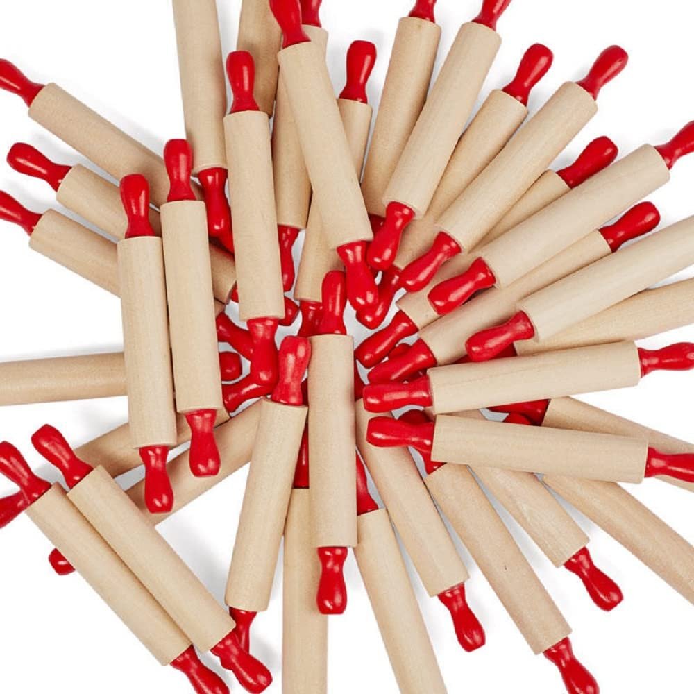 Group of 48 Red Handled Wood Craft Rolling Pins for Parties, Favors, and Embellishing