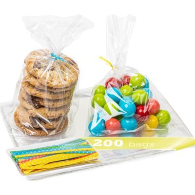 TATTI 100 Pack Clear Cellophane Bags for Favors - Transparent Goodie Bags for Birthday Party, 6x10 Inch Clear Bags with 5-Inch Twist Ties - Candy, Treat, Cookie Bags for Gift Giving