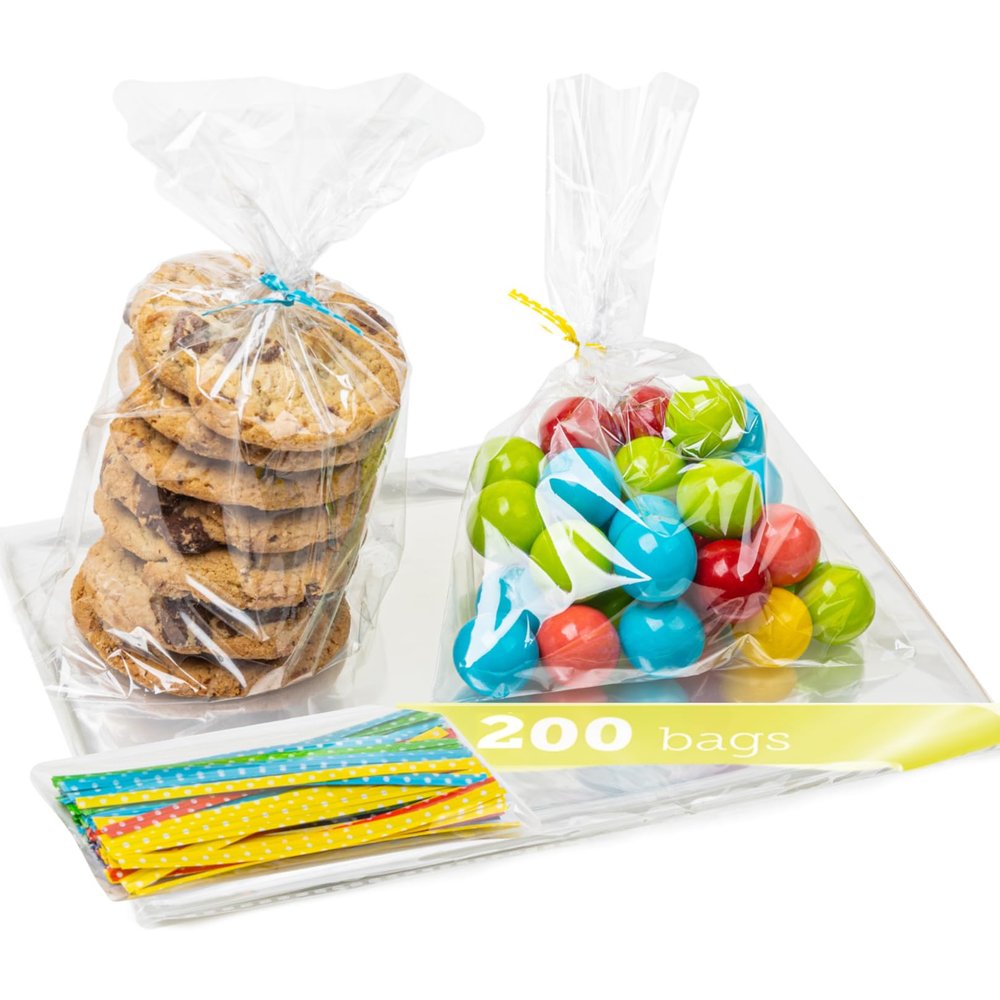 TATTI 100 Pack Clear Cellophane Bags for Favors - Transparent Goodie Bags for Birthday Party, 6x10 Inch Clear Bags with 5-Inch Twist Ties - Candy, Treat, Cookie Bags for Gift Giving