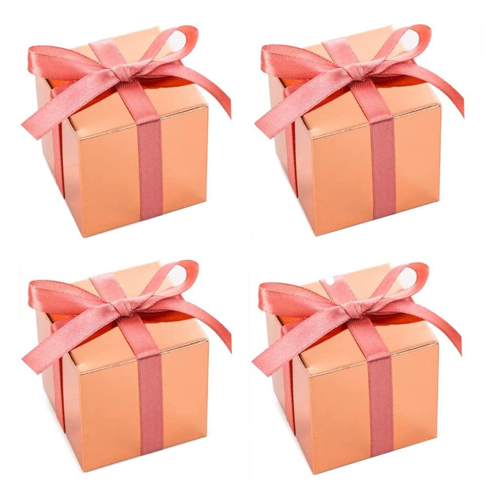 KUPOO 50PCS Favor Boxes,Candy Boxes 2.2x2.2x2.2 Inches Small Gift Boxes with Ribbons for Wedding Baby Shower Decorations Birthday Party Supplies (Rose gold)