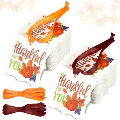 100 Pieces Thanksgiving Tags Fall Gift Tags Bulk Autumn Tags Pumpkin Tags Gift Thank You Tags for Favors So Thankful for You Tags with Rope Thanksgiving Hanging Labels for Party Favor Thanksgiving Day