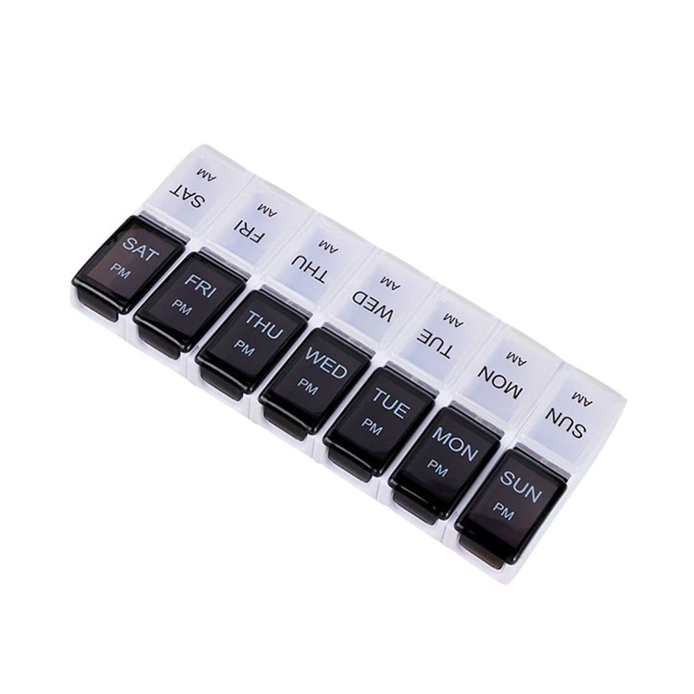 Weekly Pill Organizer, 7-Day AM/PM Travel Pill Container, 7 Day Pill Box Case with 14 Compartments, Push Button Large Capacity Medicine Organizer for Vitamins, Supplements (White Black)