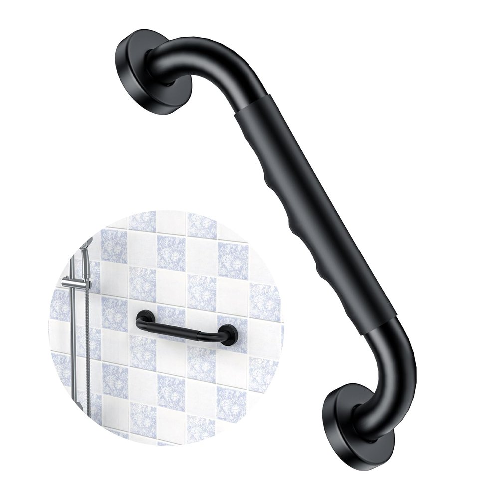 12 Inch Black Shower Grab Bar w/Anti Slip Rubber Grip, ZUEXT Stainless Steel Bath Grab Bar, Bathroom Balance Bar, Wall Mount Safety Handrail Support, Handicap Injury Elderly Senior Assist Handle