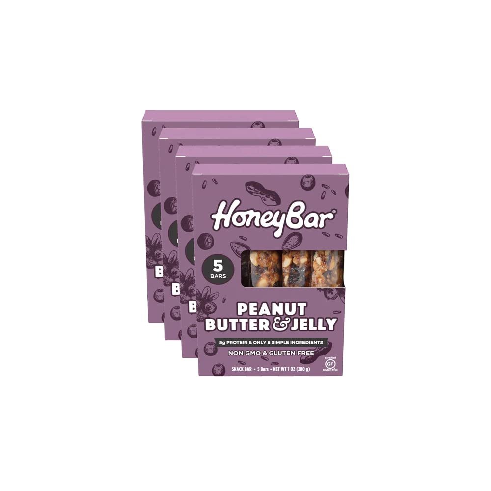 HoneyBar Snack Bar | Certified Gluten Free | Non-GMO | Vegetarian (Peanut Butter & Jam, Pack of 20 Bars)