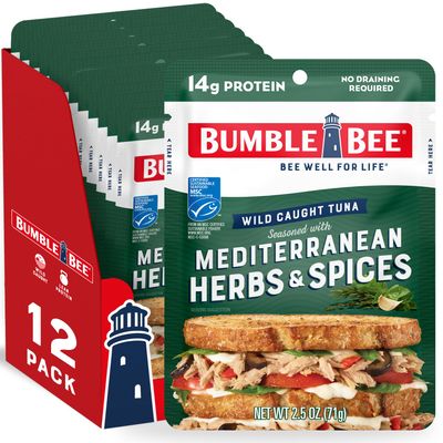 Bumble Bee Mediterranean Herbs & Spices Seasoned Tuna, 2.5 oz Pouches (Pack of 12) - Ready to Eat - Wild Caught Tuna Packet - 14g Protein per Serving - Gluten Free