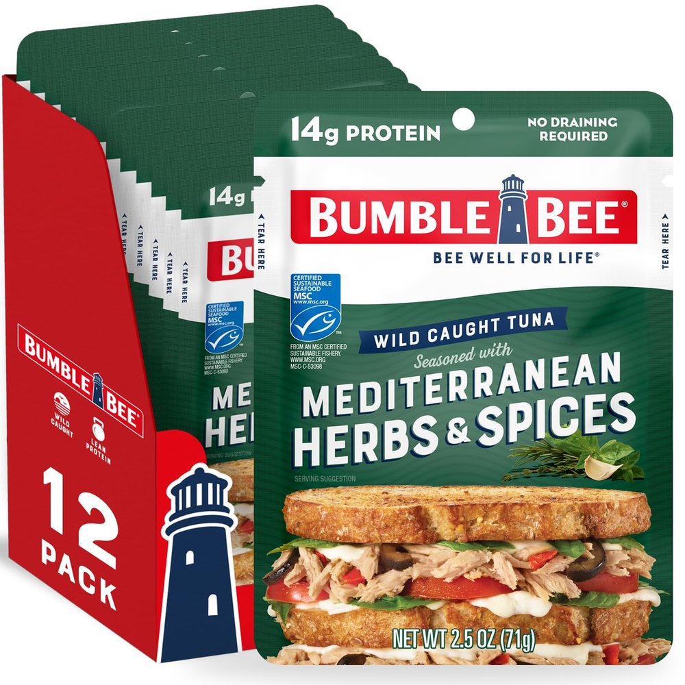 Bumble Bee Mediterranean Herbs & Spices Seasoned Tuna, 2.5 oz Pouches (Pack of 12) - Ready to Eat - Wild Caught Tuna Packet - 14g Protein per Serving - Gluten Free
