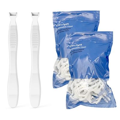 visclyn Dental Floss Kit with Handles and Flosses (2 Handles + 100 Flosses, White)