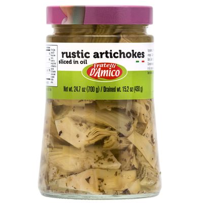 FRATELLI D'AMICO - Rustic Sliced Artichokes in Oil, Premium Quality, Chef Selected, Large Jar : 24.7oz (700 g), Antipasto, Non GMO Italian Premium Brand, Product of Italy