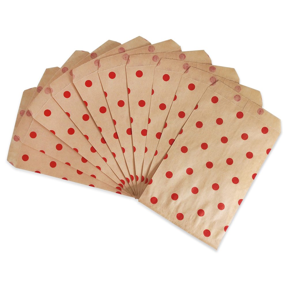 CuteBox Flat Paper Red Polka Dot Kraft Gift Bags 100pcs (4" x 6") for Merchandise, Crafts, Party Favors, Retail, Handmade Goods, Arts and Crafts, Outdoor Events, Holidays, Weddings