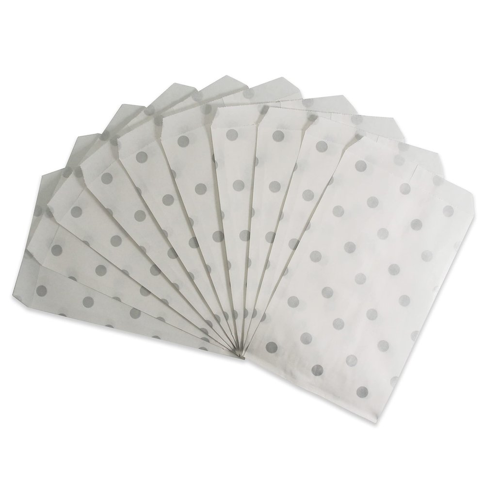 CuteBox Flat Paper Silver Polka Dot White Gift Bags 100pcs (4" x 6") for Merchandise, Crafts, Party Favors, Retail, Handmade Goods, Arts and Crafts, Outdoor Events, Holidays, Weddings