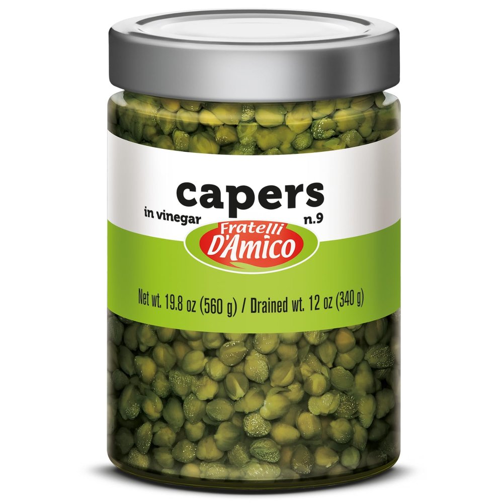 FRATELLI D'AMICO Capers, #9 Premium Quality Italian Capers in Brine, Non-GMO, Product of Italy, Net Wt. 19.5 oz, Drained Wt.12 oz