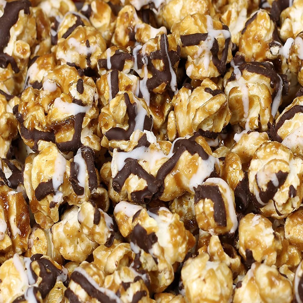 Gourmet Chocolate Zigzag Popcorn by Its Delish, 5 lbs Bulk Bag Festive Caramel Air Popped Sweet Crunchy White & Dark Drizzle Glazed Carmel Corn Snack, Parties - Gluten Free, Vegan, Kosher