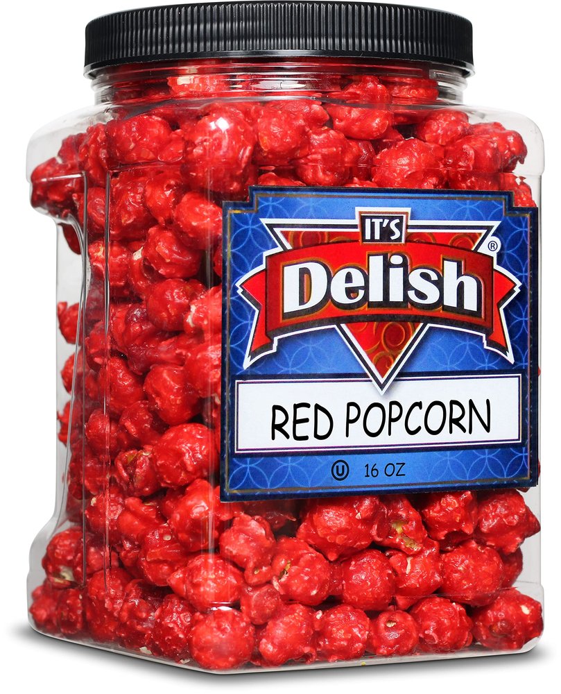 Gourmet Red Cherry Flavored Popcorn by It's Delish, 16 Oz Jumbo Container | Bulk Air Popped Pop Corn Snack - Fruity Red Themed Candy Confetti Gluten Free, Vegan, Kosher, 1 Count