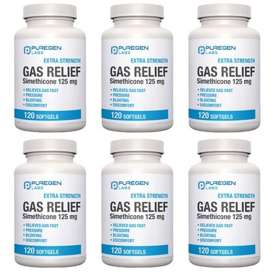 Puregen Labs Extra Strength Gas Relief Softgels with Simethicone 125 mg | Fast Relieve of Pressure, Bloating and Painful Discomfort  6 Pack | Total 720 Softgels