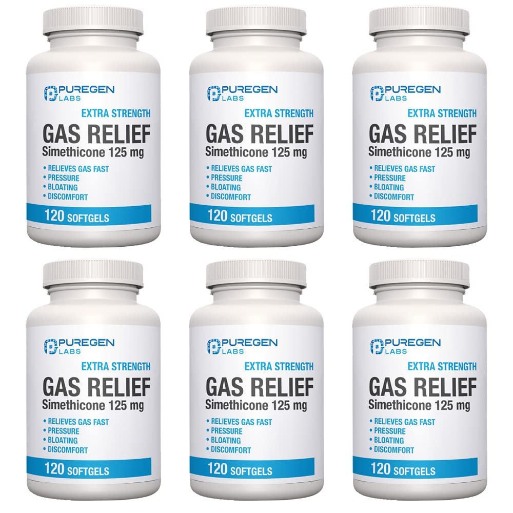 Puregen Labs Extra Strength Gas Relief Softgels with Simethicone 125 mg | Fast Relieve of Pressure, Bloating and Painful Discomfort 6 Pack | Total 720 Softgels
