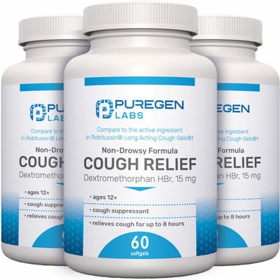 P Puregen Labs Cough Relief for Adults Dextromethorphan HBr 15mg | 8-Hour, Non-Drowsy, Long-Lasting Bronchial Suppressant | Ages 12+ | Compare to Robafen and Robitussin - 3 Pack | Total 180 Softgels