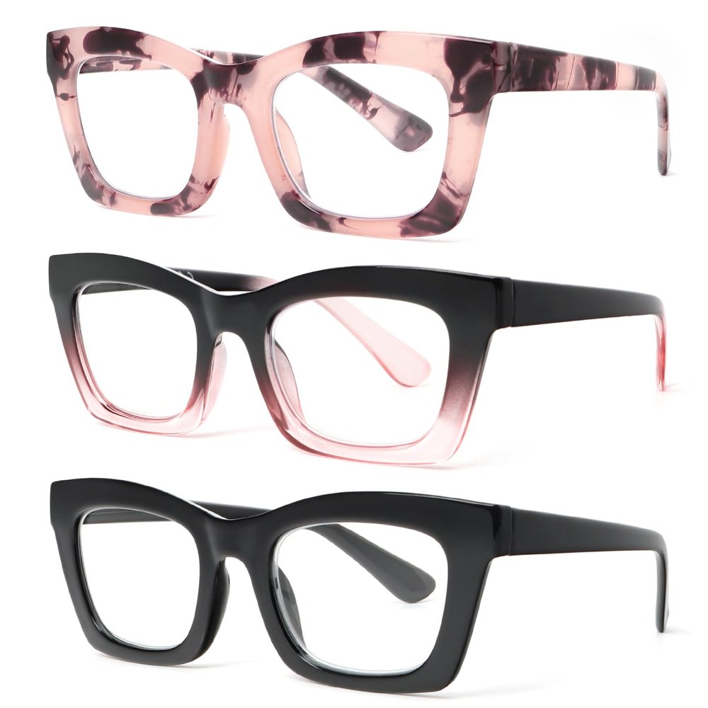 REAVEE Oprah Style Reading Glasses for Women Blue Light Blocking Computer Fashion Readers with Spring Hinge and Glasses pouch Black/Pink/Tortoise +2.25