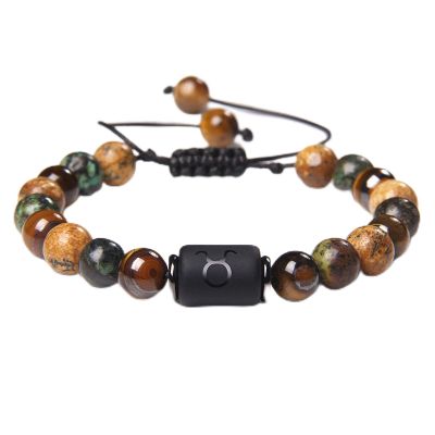 12 Constellation Couple Bracelet Black Stone Bracelets for Women Men Braided Bracelet Natural Stone Beads Charm Jewelry,Taurus 4.20-5.20,NO Box