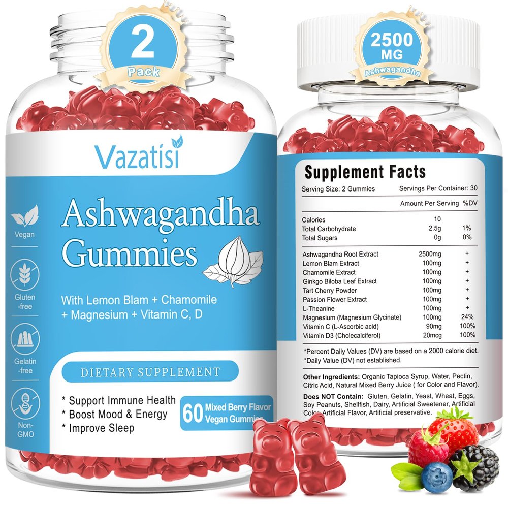 Vazatisi 2 Pack Ashwagandha Gummies for Women Men, Sugar Free Organic Ashwagandha Gummies Supplement for Relax Restore Balance, Vegan Gluten Free, 120 Count
