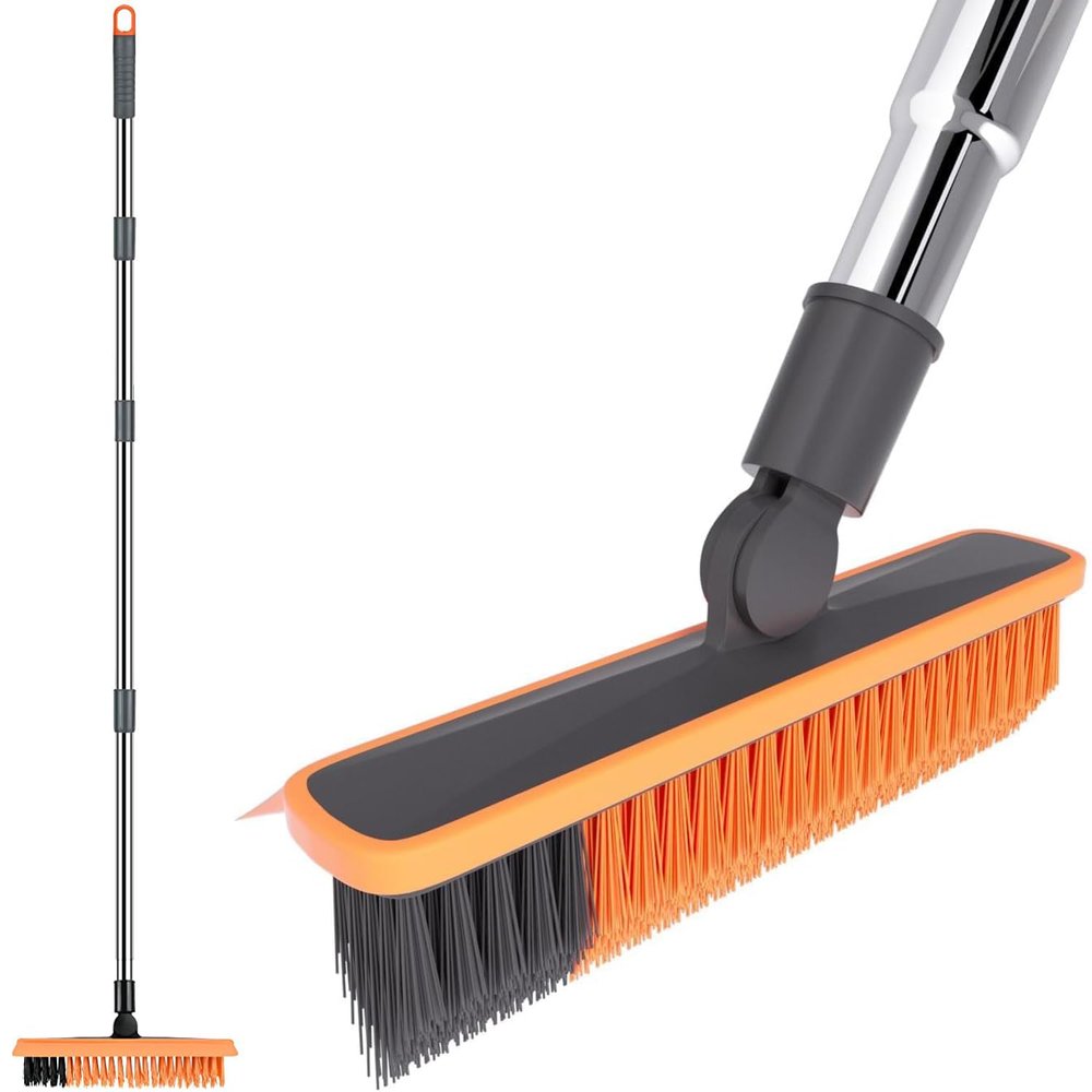 2 in 1 Floor Brush Scrubber with Long Handle Telescopic 3 Poles 61.8'' Grout Brush Scrape Stiff Bristle Cleaning Scrub Brush with Squeegee 180Rotating Tile Brush for Cleaning Bathroom Glass Patio