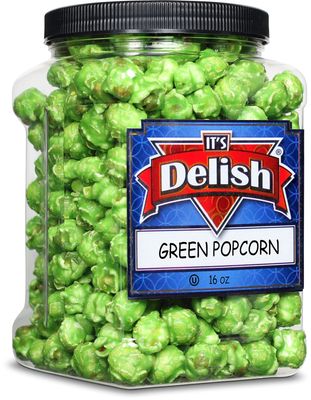 Gourmet Green Apple Flavored Popcorn by It's Delish, 16 Oz Jumbo Container | Bulk Air Popped Pop Corn Snack - Fruity Green Themed Candy Confetti Gluten Free, Vegan, Kosher, 1 Count