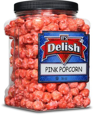 Gourmet Pink Strawberry Colored Popcorn by It's Delish, 16 Oz Jumbo Container | Bulk Colorful Popcorn Snack - Fruity Flavored Air Popped Corn Fun Confetti Gluten Free, Vegan, Kosher, 1 Count