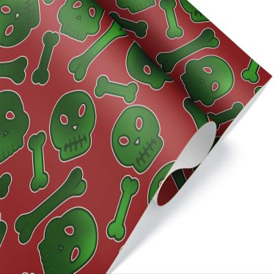 Cute Red Green Skull Gift Wrap Skeleton Christmas Wrapping Paper Premium Goth Birthday Party Bone Decoration Decor (20 inch x 30 inch sheet)