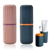2Pcs Travel Toothbrush Cup Case, Portable Toothbrush Holder Case for Traveling, Camping, Business Trip and School, Plastic Toothbrushes Toothpaste Set with Two Colors (Navy blue and Lotus color) view 1