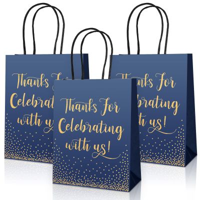 Chinco 30 Pcs Wedding Welcome Gift Bags Hotel Guests Thanks for Celebrating with Us Gold Paper Gift Bag Medium Size with Handle for Bridal Shower Party Favor(7.48 x 5.91 x 2.76 Inch,Blue)
