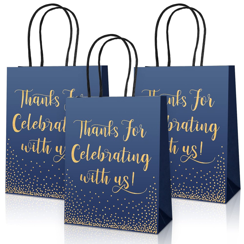 Chinco 30 Pcs Wedding Welcome Gift Bags Hotel Guests Thanks for Celebrating with Us Gold Paper Gift Bag Medium Size with Handle for Bridal Shower Party Favor(7.48 x 5.91 x 2.76 Inch,Blue)