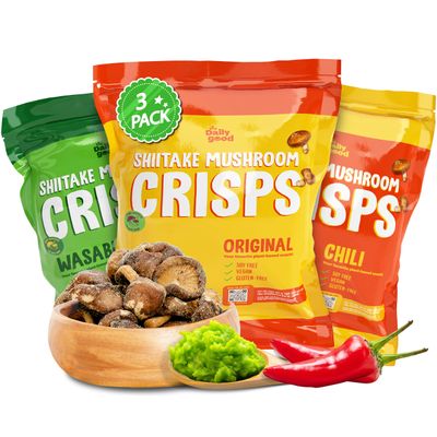The Daily Good Shiitake Crisps -3-Pack Mushroom Chips, Gluten-Free, Non-GMO, Original, Wasabi, and Mexican Chili Flavors, Vegan Food and Snacks,0.2 lbs