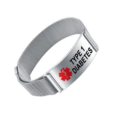 YOTHIWAD Medical Alert Bracelets for Men Women Medical Id Bracelets Adjustable Stainless Steel Band Magnetic Security Clasp (Type 1 DIABETES)