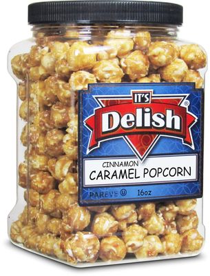 It's Delish Gourmet Cinnamon Caramel Popcorn by Its Delish, 16 OZ Jumbo Container Caramel Corn Air Popped Sweet & Crunchy Glazed Carmel Corn Snack - Gluten Free, Vegan, Kosher, 1 Count