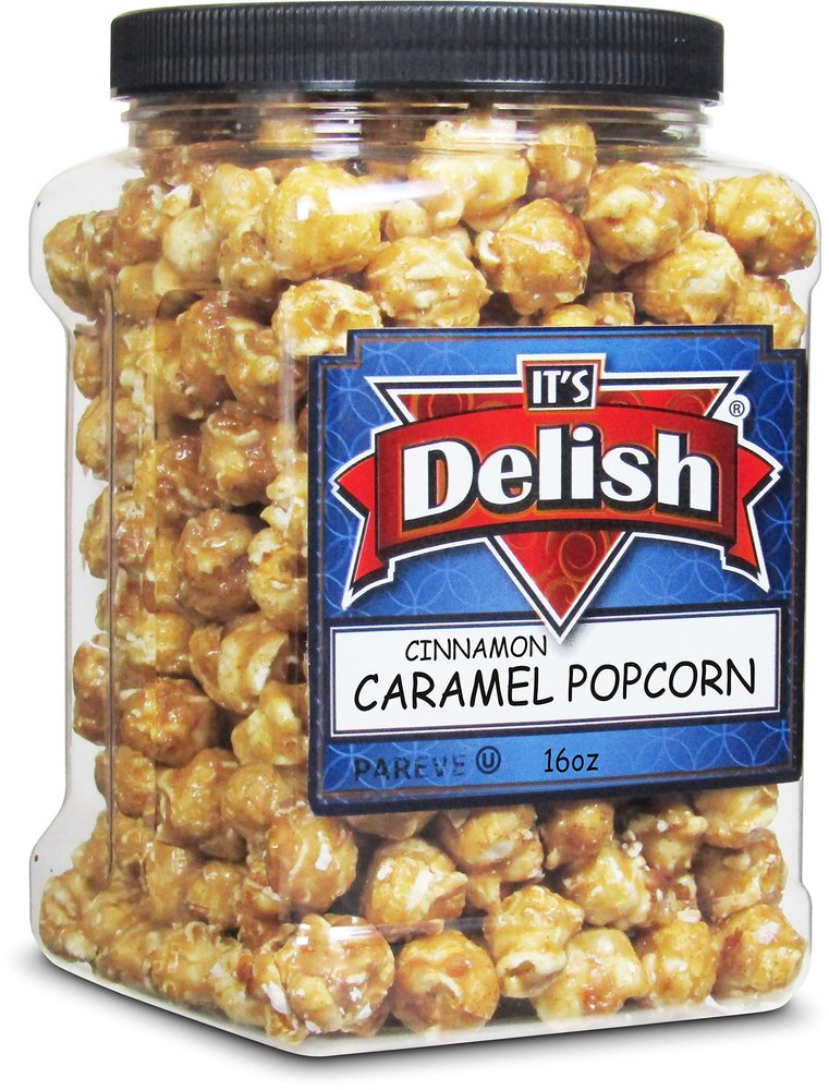 It's Delish Gourmet Cinnamon Caramel Popcorn by Its Delish, 16 OZ Jumbo Container  Caramel Corn Air Popped Sweet & Crunchy Glazed Carmel Corn Snack - Gluten Free, Vegan, Kosher, 1 Count