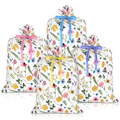TaoBary 4 Pieces Plastic Dot Bags (36 x 48 Inch) with 4 Pieces Pull Flowers Large Packaging Wrapping Present Bags for New Parents Shower Birthday Wedding Christmas Engagement Party