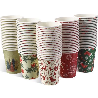 Sawysine 100 Pcs Christmas Paper Cups Disposable Cup 9 oz Coffee Hot Chocolate Tea Drinking Party Supplies for Holiday Xmas Cold Beverages