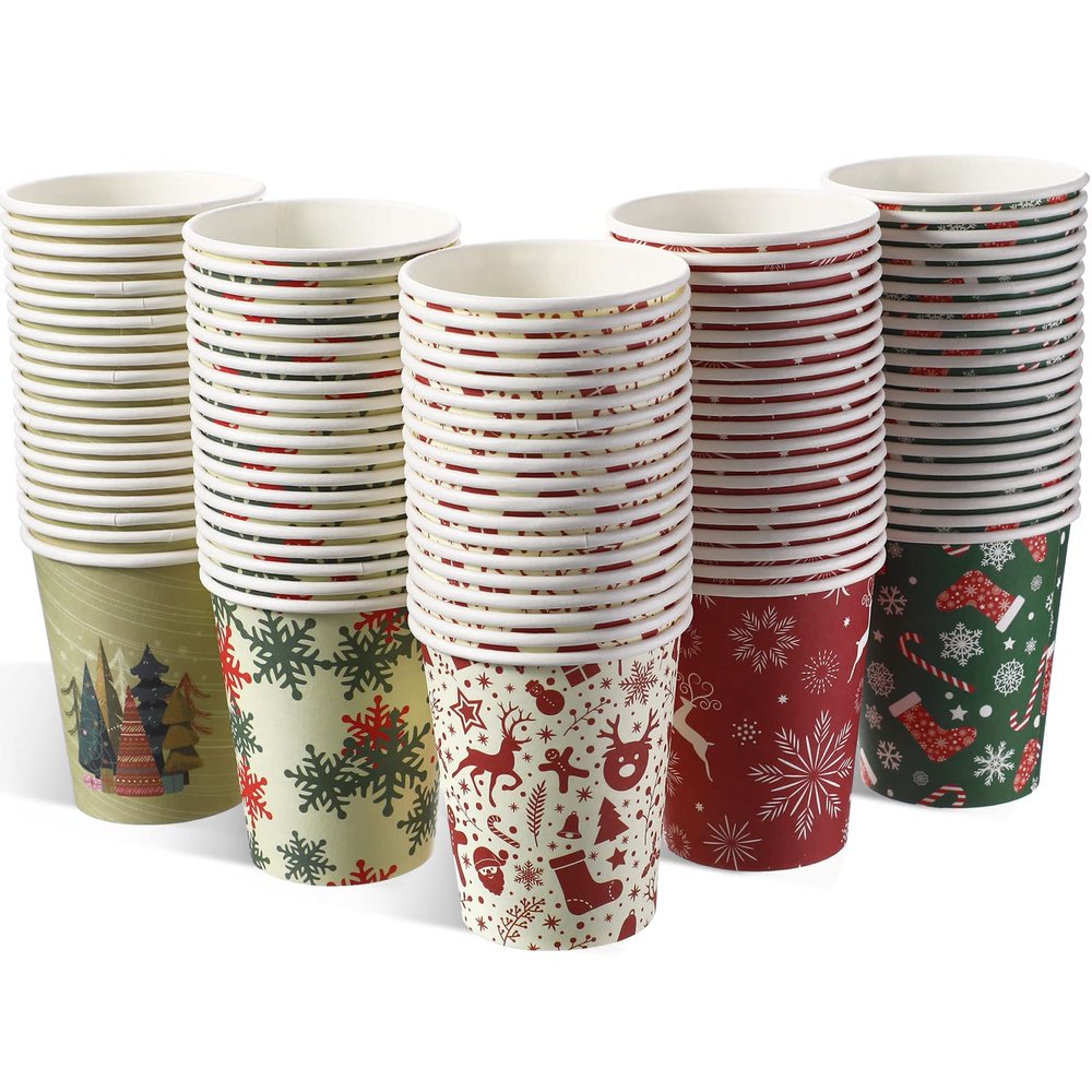Sawysine 100 Pcs Christmas Paper Cups Disposable Cup 9 oz Coffee Hot Chocolate Tea Drinking Party Supplies for Holiday Xmas Cold Beverages