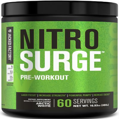 Jacked Factory NITROSURGE Pre Workout Supplement - Endless Energy, Instant Strength Gains, Clear Focus, Intense Pumps - NO Booster & Powerful Preworkout Energy Powder - 60 Servings, Arctic White